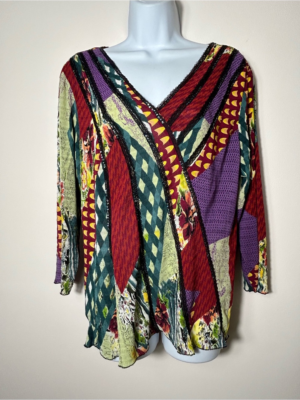 Alberto Makali Blouse Womens Size XL Colorful Artsy V Neck Sequins Sheer Boho